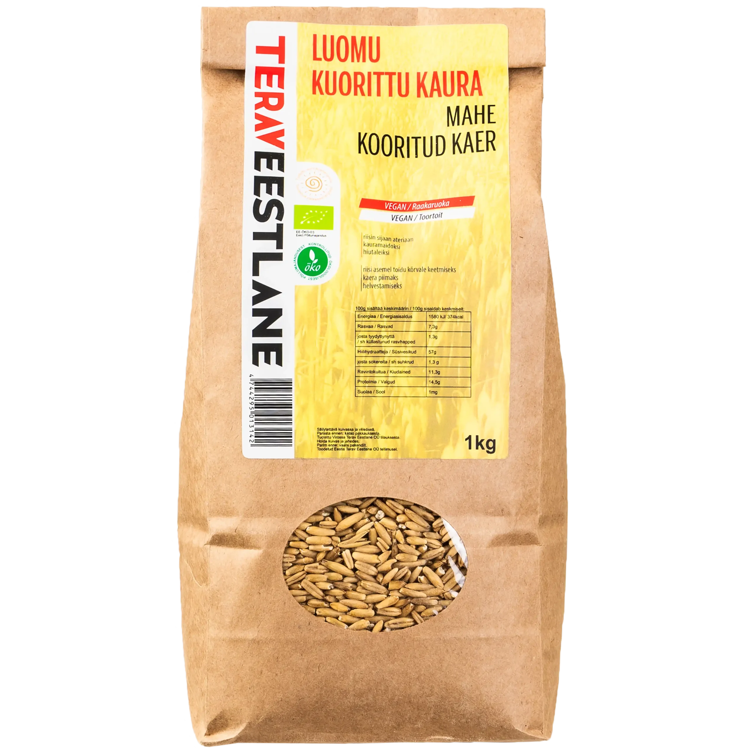 Kuorittu kaura 1kg luomu Terav Eestlane raakaruoka.