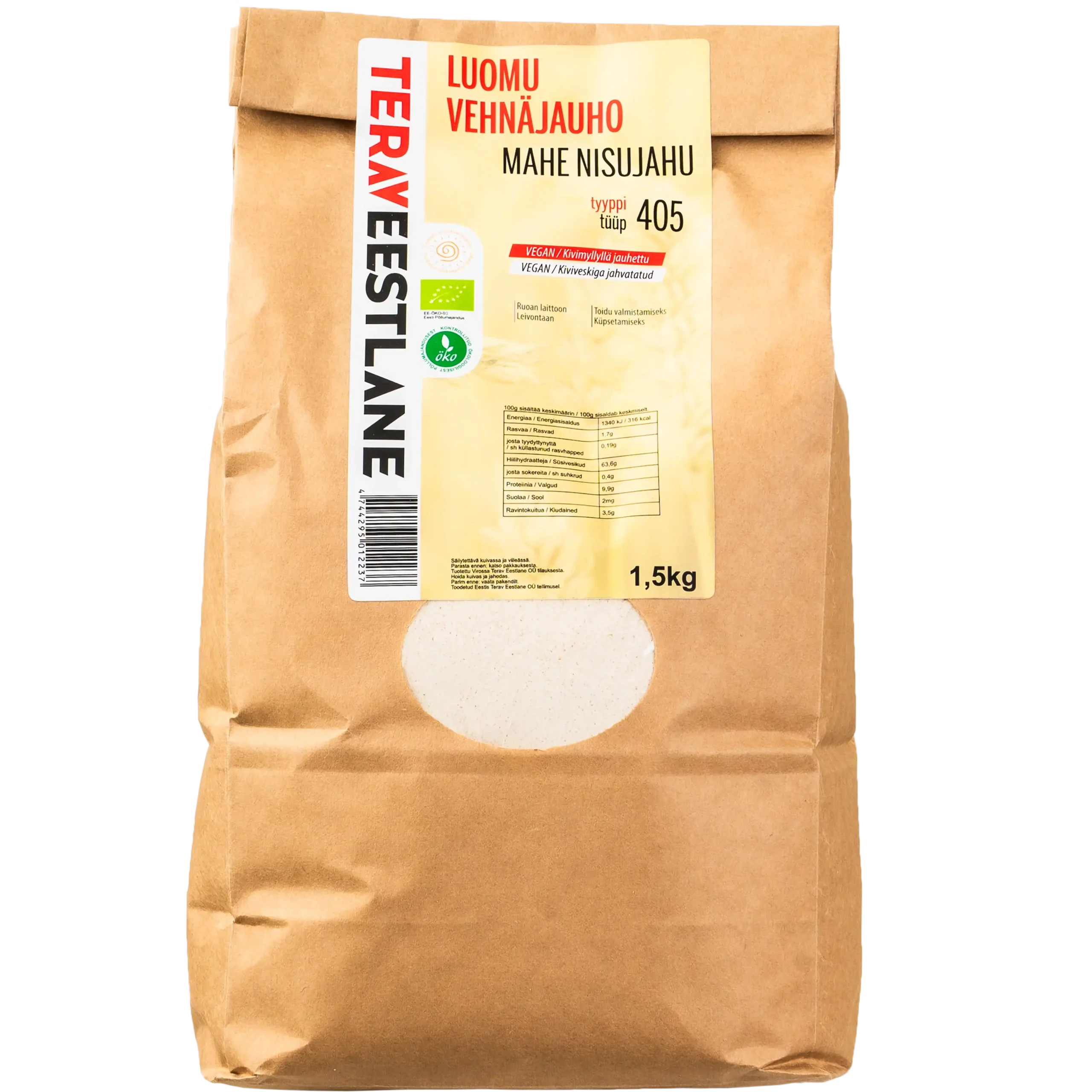 Vehnäjauhoa tyyppi 405 1,5kg kivimyllyllä jauhettu luomu Terav Eestlane