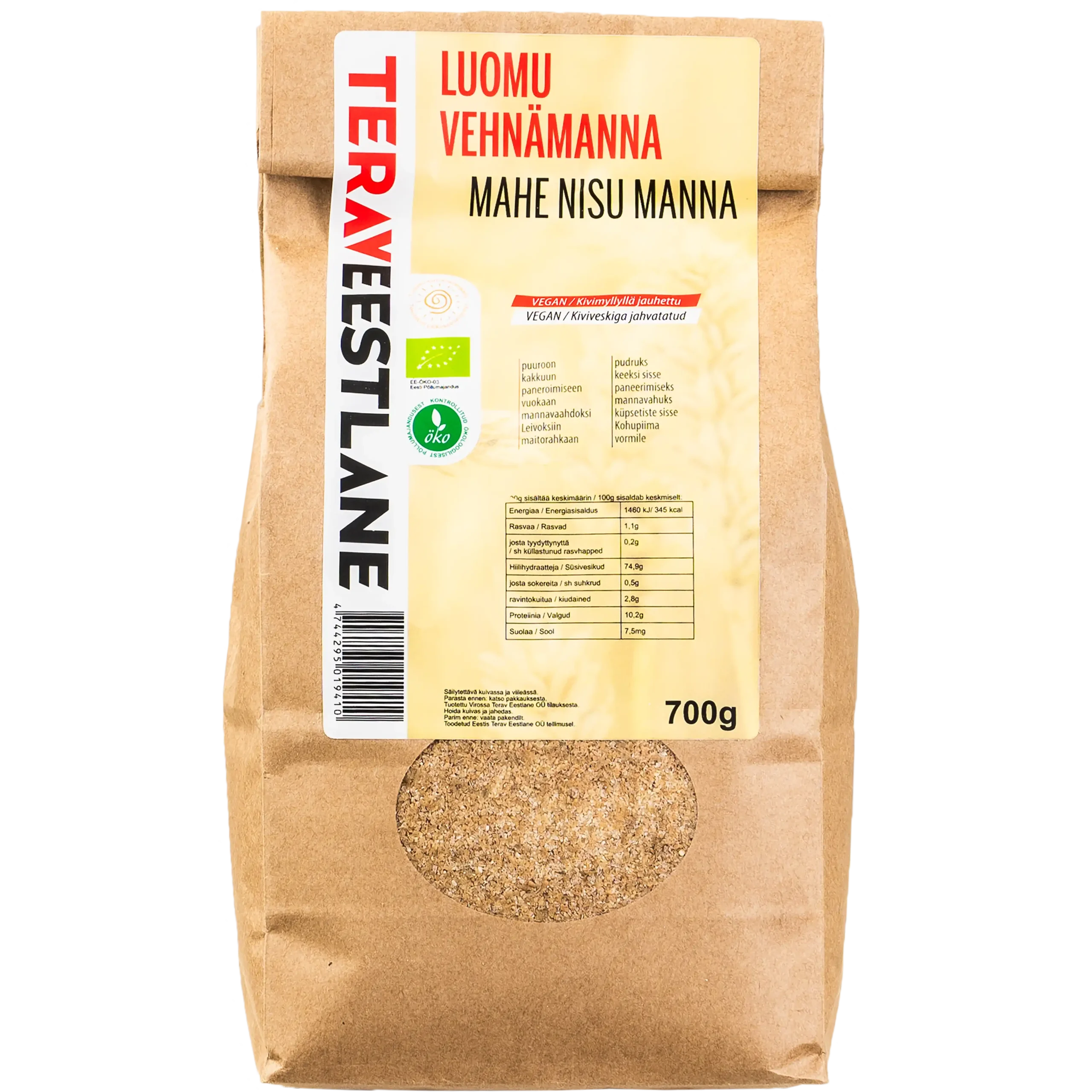 Vehnämanna 700g kivimyllyllä jauhettu luomu Terav Eestlane