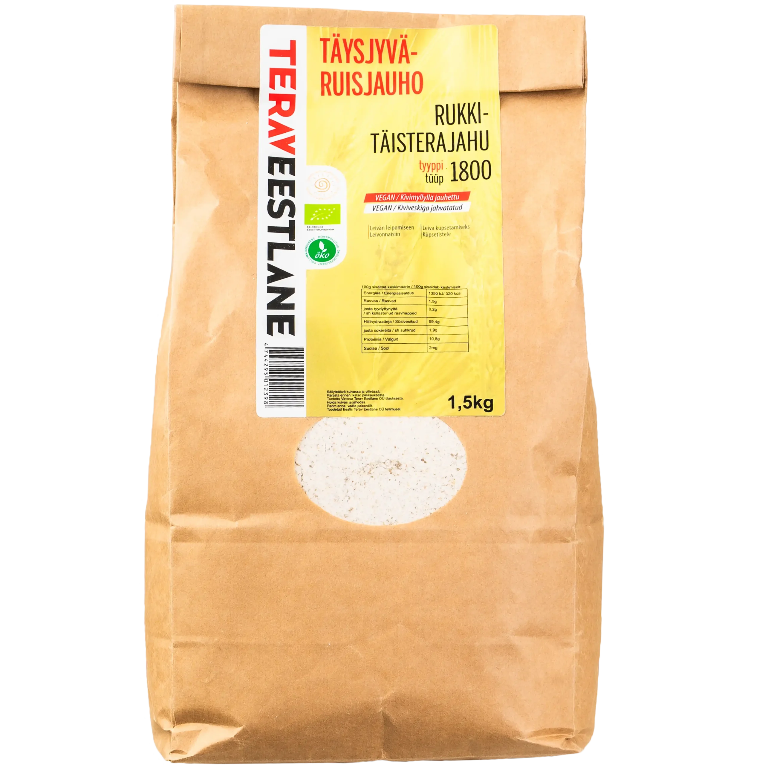 Täysjyväruisjauho 1,5kg luomu tyyppi 1800 Terav Eestlane