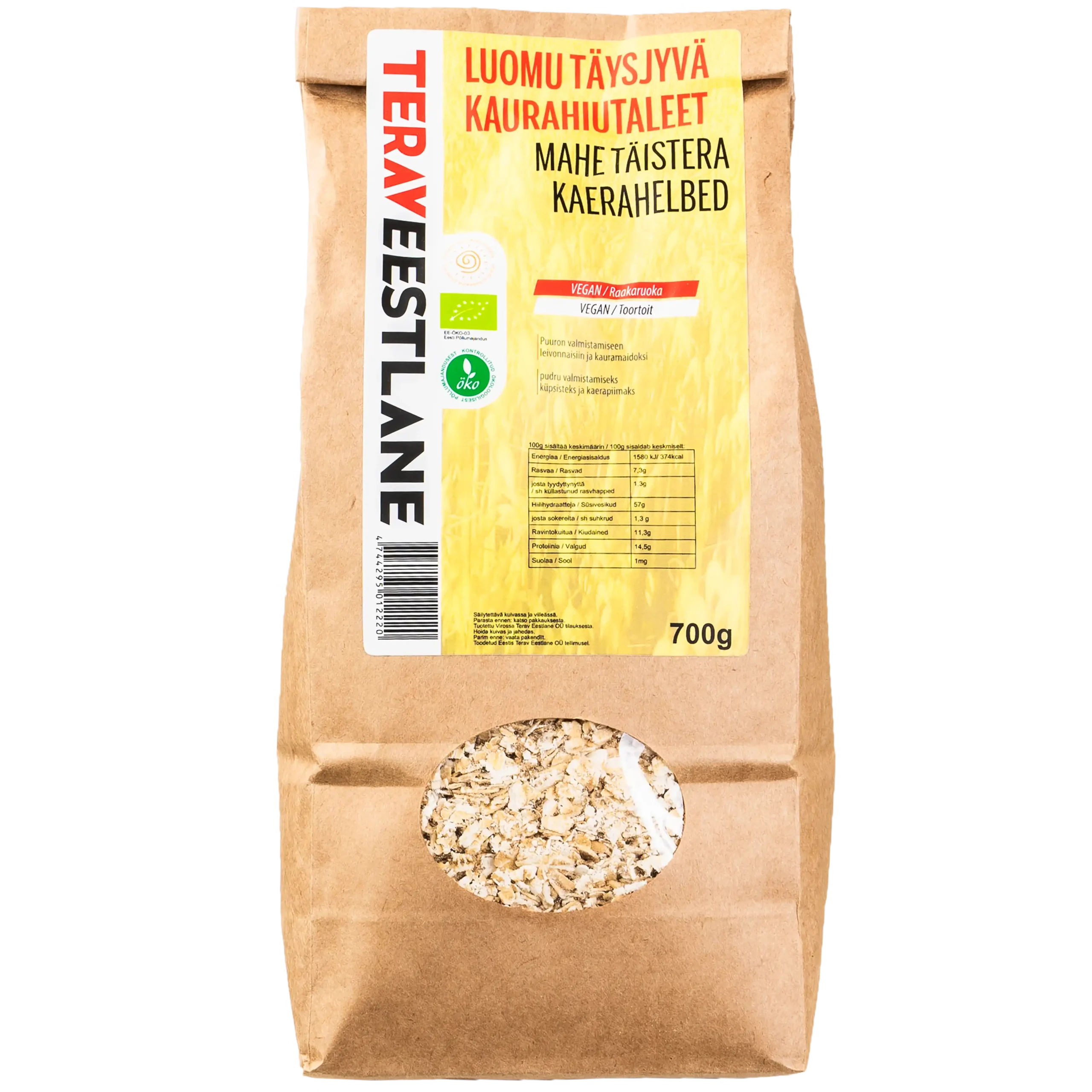 Täysjyvä kaurahiutaleet 700g luomu Terav Eestlane