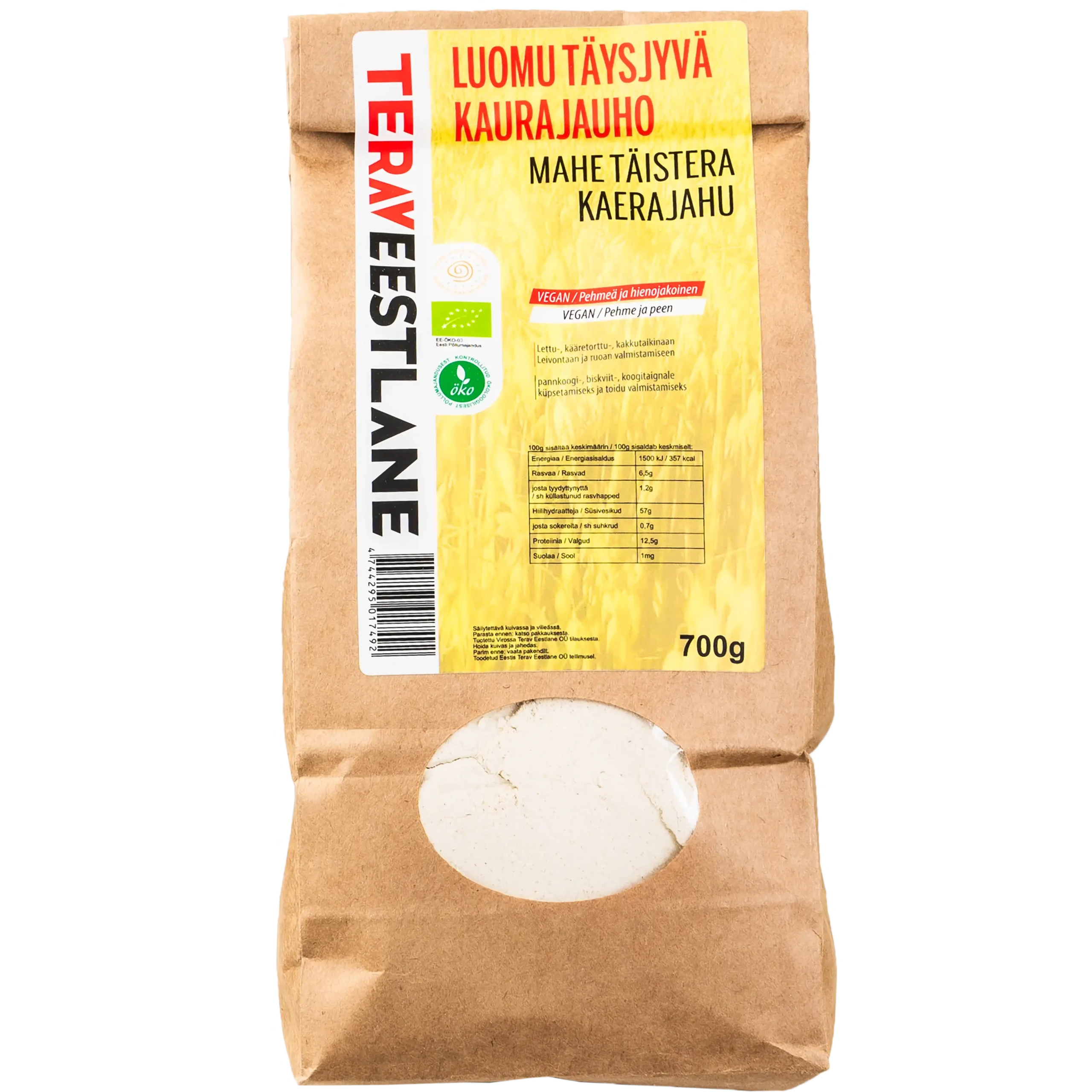 Täysjyvä kaurajauho 700g luomu Terav Eestlane