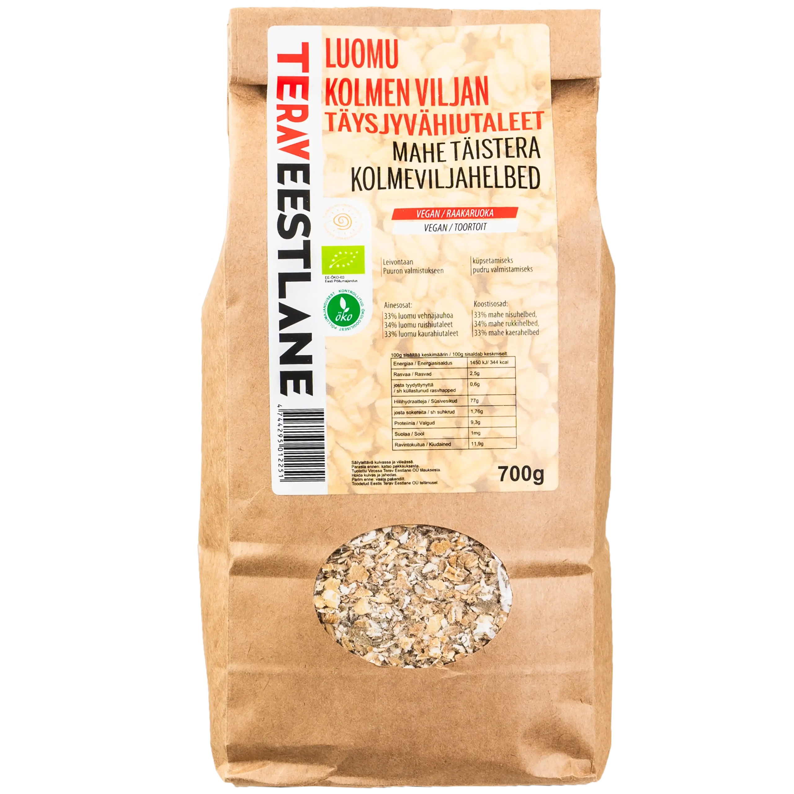KOLMEN VILJAN TÄYSJYVÄHIUTALEET 700g Terav Eestlane luomu