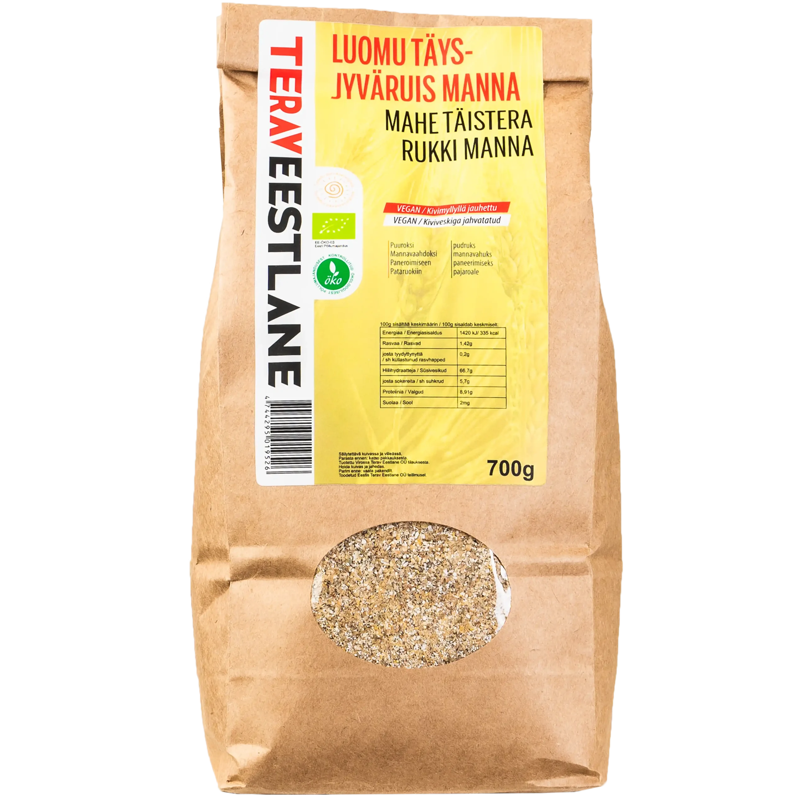 Täysjyväruis manna 700g luomu Terav Eestlane